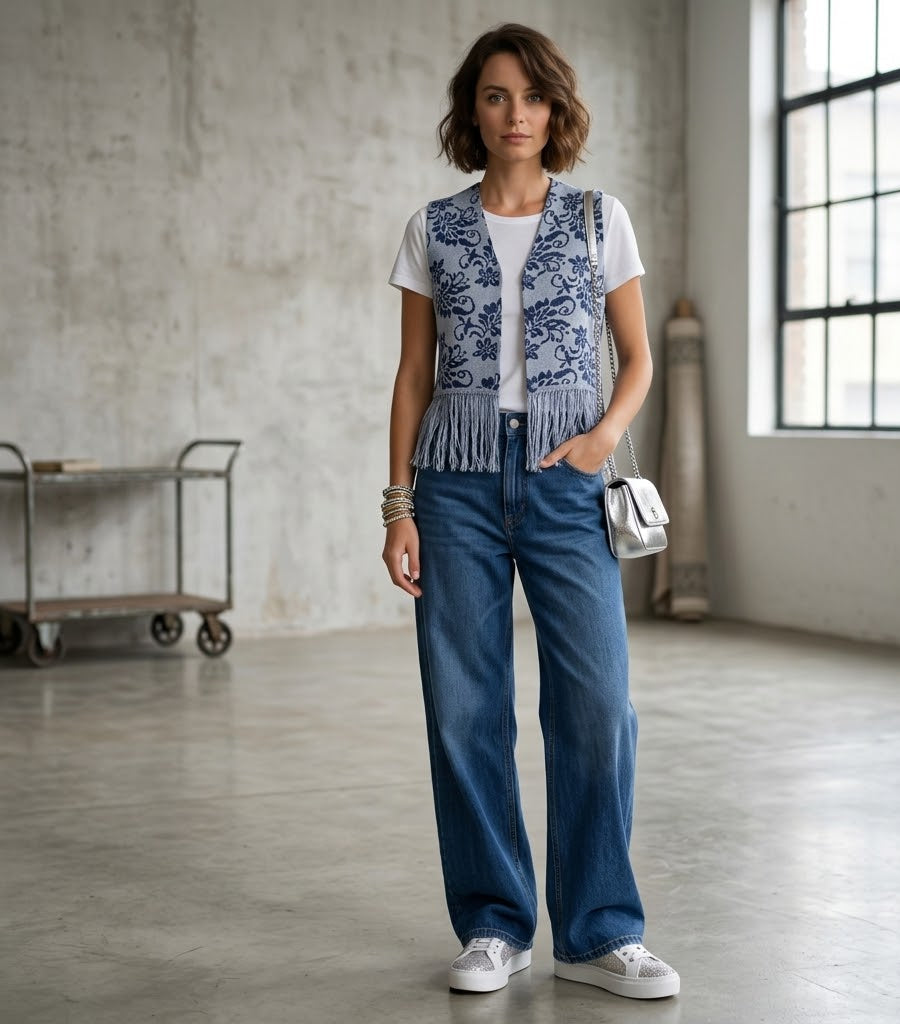 Gilet Jacquard con Frange