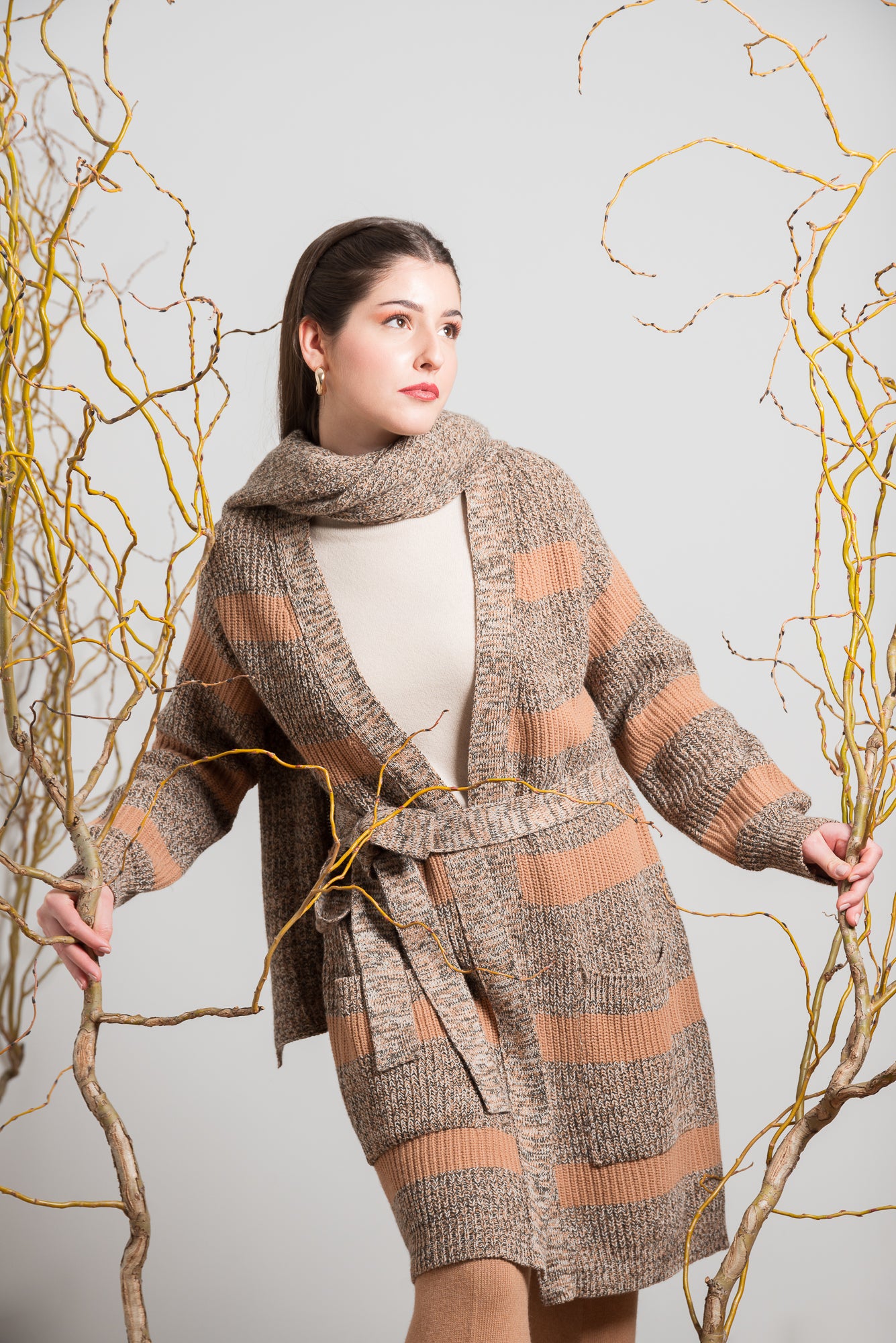 Cardigan lungo a Righe con Cintura in Vita