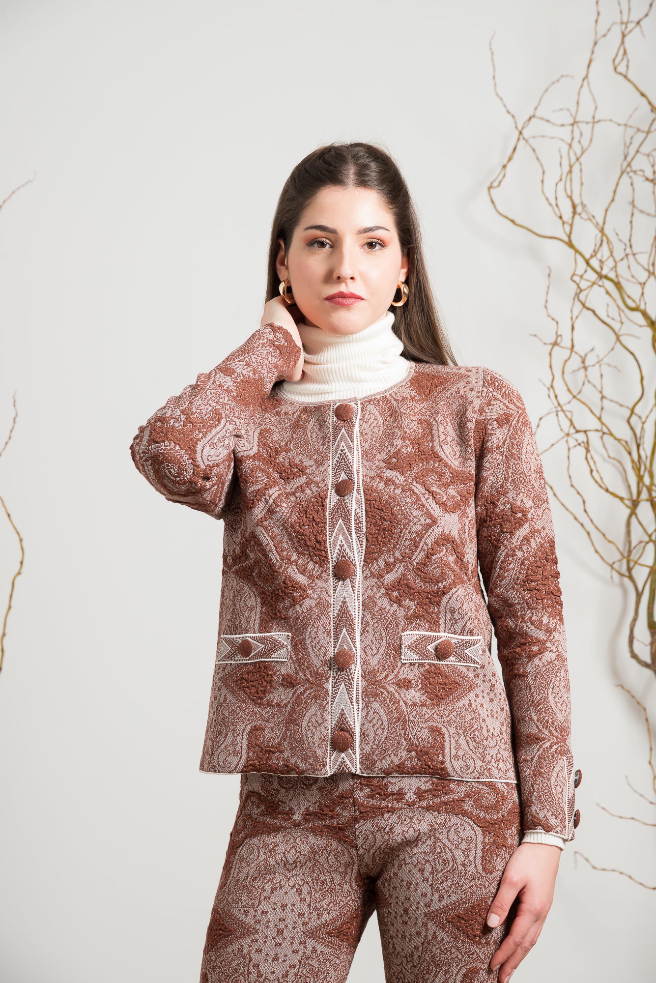 Giacca in Maglia Jacquard con Bottoni Rivestiti